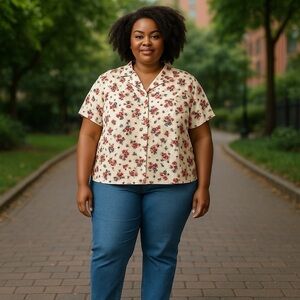 CHEROKEE Women’s Plus Size 24W Multi Color Floral Print Button Down SS Blouse